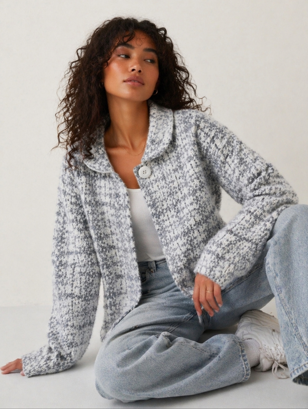 Gray Bouclé Plaid Pea Coat with Shawl Collar